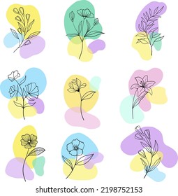 Hand Drawn Line Wild Flower And Abstract Blob Shapes, Modern Floral Template For Posts, Highlights Covers And Stories.