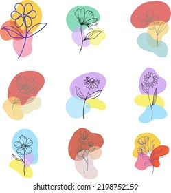 Hand Drawn Line Wild Flower And Abstract Blob Shapes, Modern Floral Template For Posts, Highlights Covers And Stories.