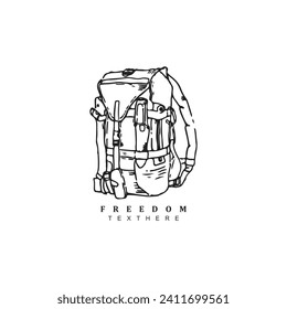 Hand drawn linear backpack adventure, camping and hiking vector illustration