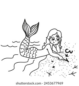 Hand drawn linear black and white sketch of children's illustration. Mermaid on the shore.