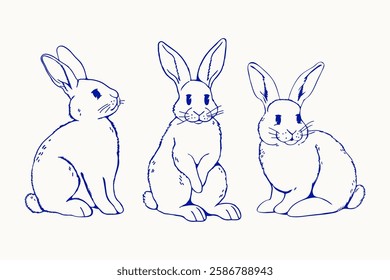 Hand drawn linear bunnies, rabbits in various poses. Set of line drawings of Easter symbol. Vector blue outline illustration. Simple minimal trendy sketch style design for spring holiday celebration
