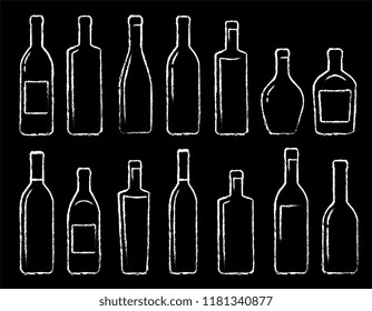 hand drawn linear chalk bottle icons set