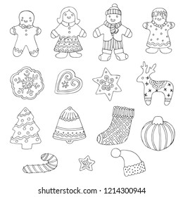 hand drawn linear christmas cookies set