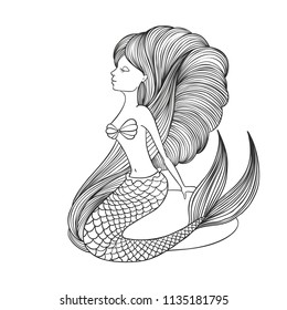 Hand drawn linear cute girl Mermaid for coloring book isolated on white background. Drawing contour for coloring. Vector illustration.