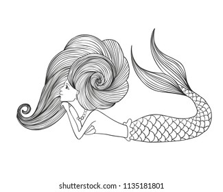 Hand drawn linear cute girl Mermaid for coloring book isolated on white background. Drawing contour for coloring. Vector illustration.