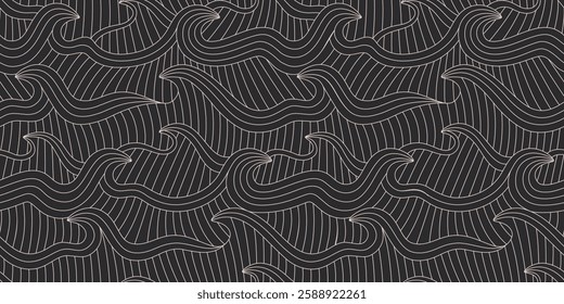 Hand drawn linear dark waves, sea, water seamless pattern. Simple modern line ocean on black background.