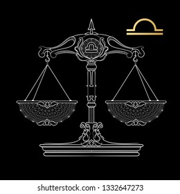 Hand drawn linear decorative zodiac sign Libra isolated on black background. Horoscope vintage card.