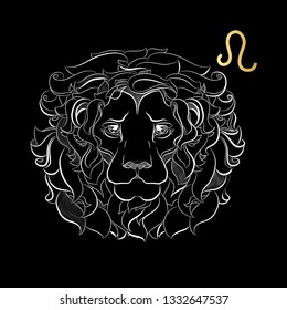 Hand drawn linear decorative zodiac sign Leo isolated on black background. Horoscope vintage card.