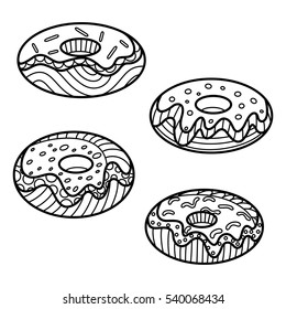 Hand drawn linear donuts in the style of doodle, zentangle. Vector illustration