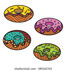 Hand drawn linear donuts in the style of Doodle, zentangle. Colored on a white background. Vector illustration