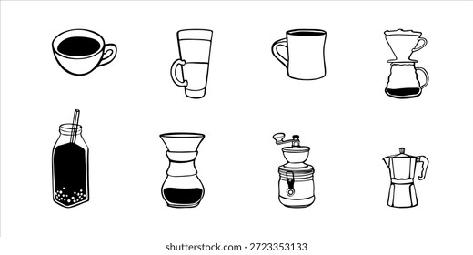 Hand drawn linear doodle set featuring eight coffee items: bubble coffee, latte cup, brewer, manual grinder, Americano cup, espresso shot, coffee filter, and moka pot Minimalist outline illustrations perfect for coffee lovers and brewing themes.