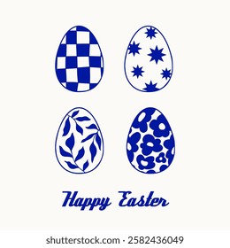 Hand drawn linear Easter symbol card, banner, flyer: decorated eggs with doodle ornaments. Vector blue outline illustration. Trendy sketch style design for spring holiday celebration