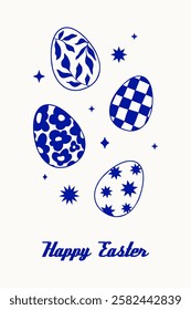 Hand drawn linear Easter symbol card, banner, flyer: stars, sparkles, decorated eggs with doodle ornaments. Vector blue outline illustration. Trendy sketch style design for spring holiday celebration