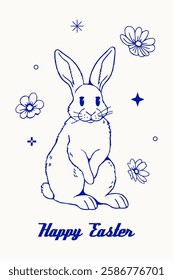 Hand drawn linear Easter symbol card, banner, flyer: cute bunny with bow, flowers. Vector blue outline illustration. Simple minimal trendy sketch style design for spring holiday celebration