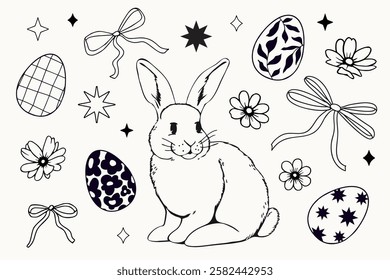 Hand drawn linear Easter symbols: cute bunny, decorated doodle eggs, flowers, stars, bows. Vector trendy outline elements. Collection for spring celebrations. Sketch style illustration set