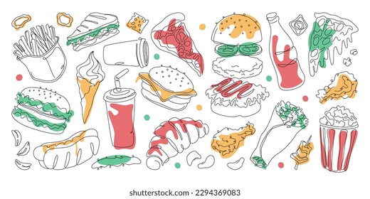 Hand drawn linear fast food illustrations. Slice of pizza, croissant, hot dog, shawarma, sandwich, burger and popcorn. Contemporary line icons of dishes