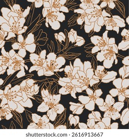 Hand drawn linear floral background. Fabric and surface pattern design with sakura flowers. Vector seamless pattern. Apple tree and cherry blossom decorative allover print.