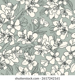 Hand drawn linear floral background. Fabric and surface pattern design with sakura flowers. Vector seamless pattern. Apple tree and cherry blossom decorative allover print.