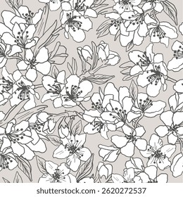 Hand drawn linear floral background. Fabric and surface pattern design with sakura flowers. Vector seamless pattern. Apple tree and cherry blossom decorative allover print.