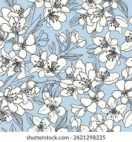 Hand drawn linear floral background. Fabric and surface pattern design with sakura flowers. Vector seamless pattern. Apple tree and cherry blossom decorative allover print.