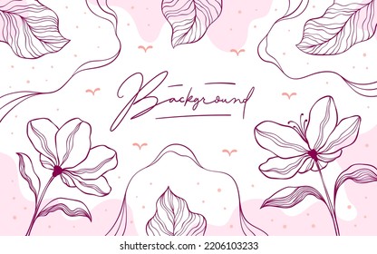 Hand drawn linear flower frame on pink background. Template design for invitation cards, wedding, flyer, poster, web banners, social media and internet ads