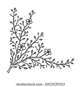 Hand drawn linear flowering spring branch. Minimal floral logo design element. Plant simple drawing for wedding invitation, tattoo, vintage designs, spa, beauty salon