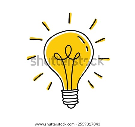 Hand drawn linear glowing light bulb isolated on white background. Innovative idea, creative thinking and brainstorming concept. Doodle style sketch, clipart. Electric energy. Vector icon.