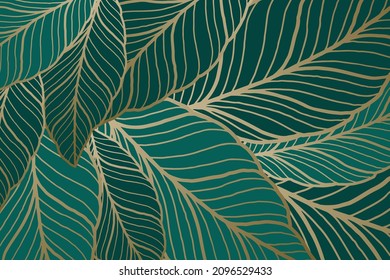hand drawn linear golden abstract leaves background vector. leaves design abstract background
