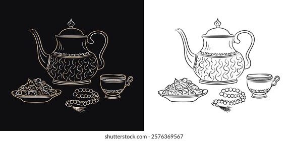 Hand drawn linear golden antique Arabic kettle, teacup, Muslim rosary praying beads and dates in a bowl as a dish for Iftari isolated on white and black background. Ramadan Kareem, Eid Mubarak