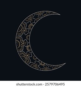 Hand drawn linear golden Muslim crescent moon isolated on black background with beautiful arabic arabesque pattern. Outline Islamic illustration for Eid al-Fitr, Eid al-Adha. Perfect for cards, banner