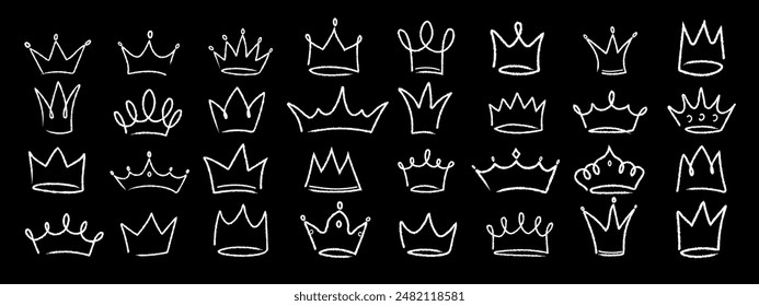 Hand drawn linear grunge set of crowns on black background. Collection of royal diadems sketches drawn in white chalk on black board.  Vector illustration