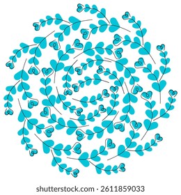 Hand drawn linear heart shape twigs on hearts background Monochrome blue Circular Backdrop Template