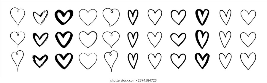 Hand drawn linear hearts set. Various brush, chalk, marker, ink drawn heart shapes. Artistic lines, outlines. Valentine's day uneven, textured edge doodle templates. Graphic design elements collection