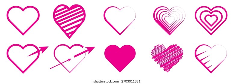 Conjunto de corazones lineales dibujados a mano. Diverso pincel, tiza, marcador, tinta dibujada corazón Formas. Líneas artísticas, contornos. Día de San Valentín desigual, textura borde doodle Plantillas.