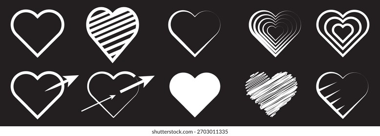 Conjunto de corazones lineales dibujados a mano. Diverso pincel, tiza, marcador, tinta dibujada corazón Formas. Líneas artísticas, contornos. Día de San Valentín desigual, textura borde doodle Plantillas.