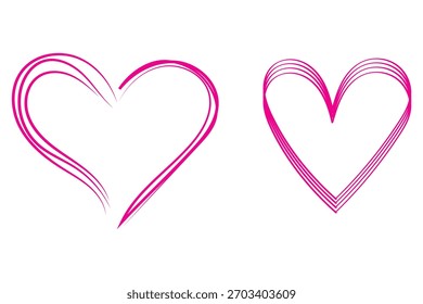 Conjunto de corazones lineales dibujados a mano. Diverso pincel, tiza, marcador, tinta dibujada corazón Formas. Líneas artísticas, contornos. Día de San Valentín desigual, textura borde doodle Plantillas. 