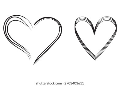 Conjunto de corazones lineales dibujados a mano. Diverso pincel, tiza, marcador, tinta dibujada corazón Formas. Líneas artísticas, contornos. Día de San Valentín desigual, textura borde doodle Plantillas. 
