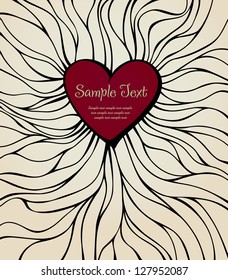 Hand drawn linear illustration with heart. Ornamental decorative background with place for your text, Template for design covers, packages, greeting cards