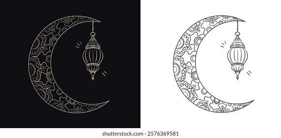 Hand drawn linear illustration of Muslim crescent moon with beautiful arabesque pattern isolated on black and white background. Outline freehand Islamic art. Ideal for Eid al-Fitr, Eid al-Adha designs