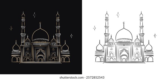 Hand drawn linear Islamic illustrations of a Mosque isolated on black and white background. Outline freehand art: Masjid - place of worship for Muslims. Ideal for Eid al-Fitr, Eid al-Adha designs