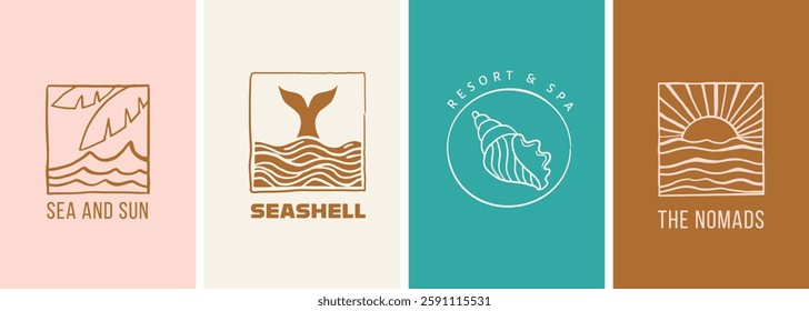 Hand drawn linear logos, icons and symbols, sea, ocean, beach and surfing. Sun, seashell and palm design templates, geometric abstract design elements for decoration. Vector illustration and design