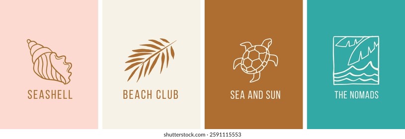 Hand drawn linear logos, icons and symbols, sea, ocean, beach and surfing. Sun, seashell and palm design templates, geometric abstract design elements for decoration. Vector illustration and design