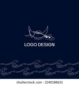 Hand drawn Linear Magic Boat with Paddle on Dark Blue Background. Ocean, Sea Wave pattern. Print, Branding Identity.