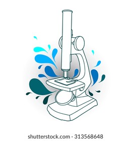 Hand drawn linear microscope with abstract drops. Vector illustration  isolated on white background