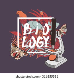 Hand drawn linear microscope with Biology set - parrot, palm leaves, poppy, butterfly. Vector illustration  isolated on white background