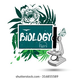 Hand drawn linear microscope with Biology set on chalkboard with tiger, palm leaves, birds, elephant, drops. Vector illustration  isolated on white background