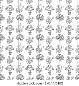 hand drawn linear mushroom seamless pattern. mushroom vegetable illustration. Pattern for wallpaper, modern textile design, print, restaurant menu design, packaging, banner etc.