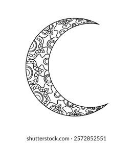 Hand drawn linear Muslim crescent moon isolated on white background with beautiful arabic arabesque pattern. Outline Islamic illustration for Eid al-Fitr, Eid al-Adha