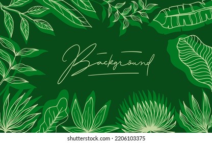 Hand drawn linear nature floral frame on green background. Template design for invitation cards, wedding, flyer, poster, web banners, social media and internet ads