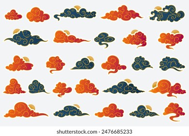 Hand drawn linear oriental clouds. Chinese cloud element collection. Elegant clouds and waves in Japanese style. Asian traditional ornaments. 